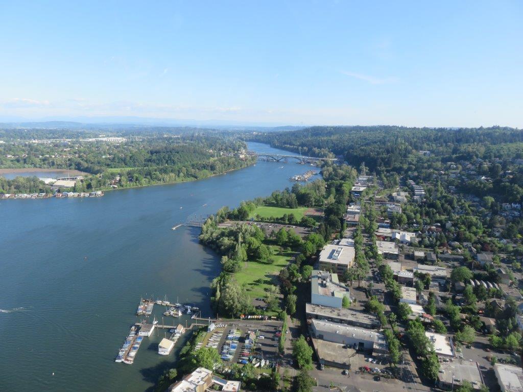 Macadam Avenue and Willamette River from Oregon Helicopters